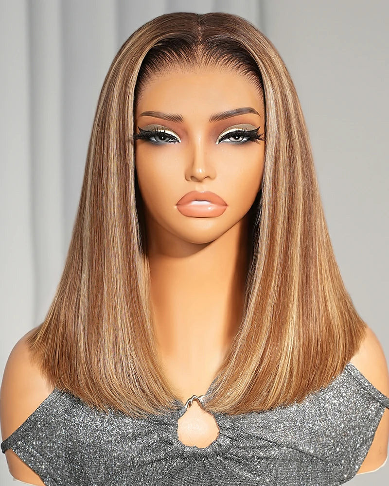 High Density Ombre Highlight Honey Blonde Glueless Wig Loose Body Wave Bob Wig With Drawstring