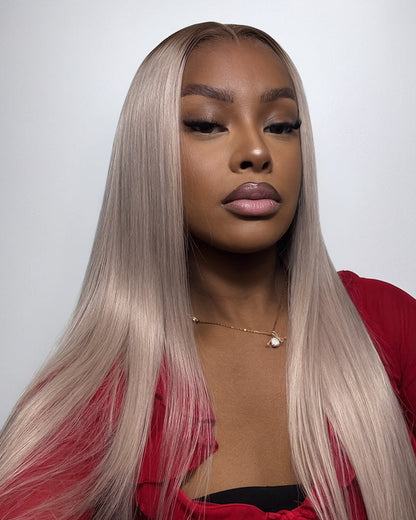 heenura 13x6 Pre-All Glueless Ash Blonde Ombre Loose Body Wave/Silky Straight Wig Invisible Knots Realistic Hairline