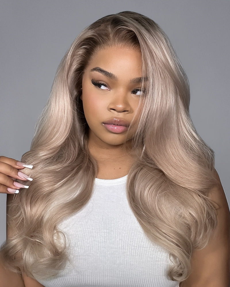 heenura 13x6 Pre-All Glueless Ash Blonde Ombre Loose Body Wave/Silky Straight Wig Invisible Knots Realistic Hairline