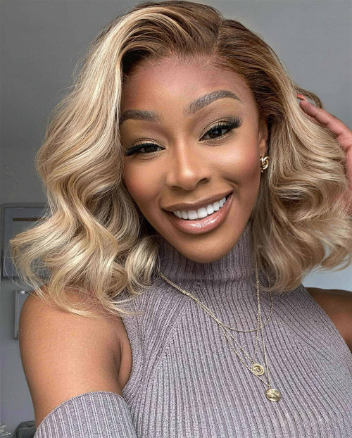 Heenura 6x5 invisible knots Glueless Loose Body Wave Bob Wig Pre-cut Lace Brown Blonde