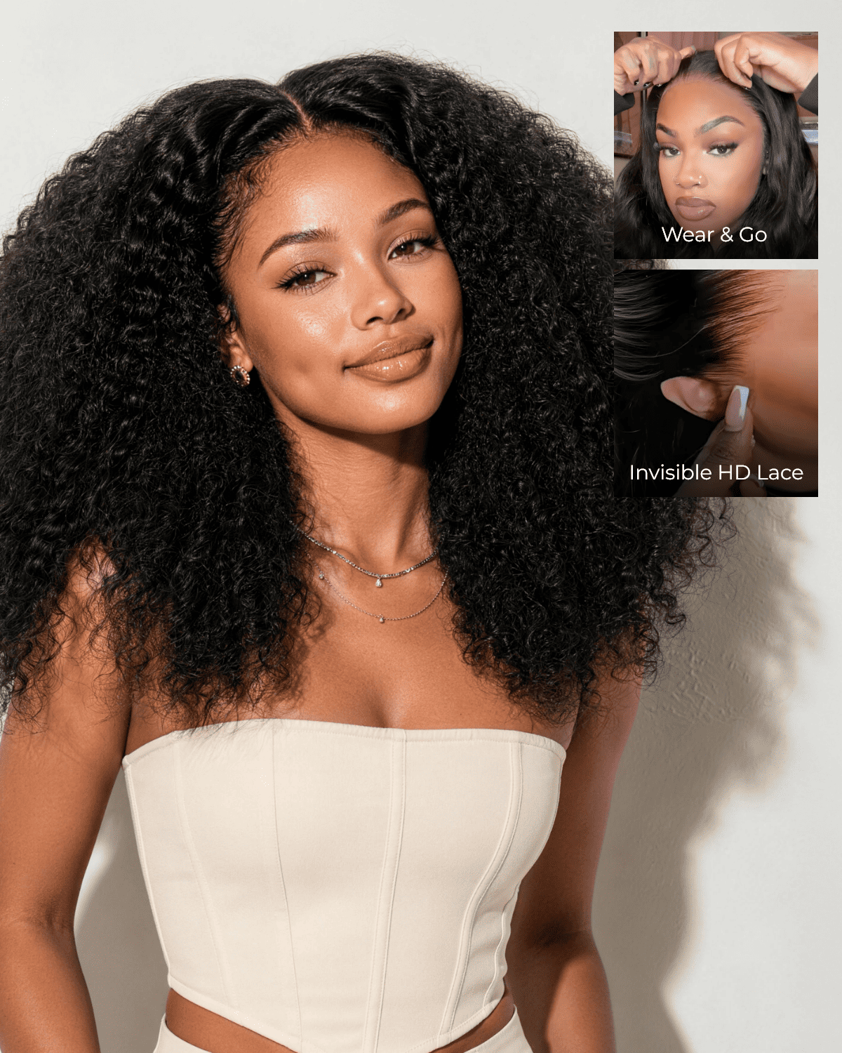heenura Zerowear 13x6 Invisible HD Lace Glueless Wig Afro Curly With Drawstring Natural Black 100% Human Hair Wig