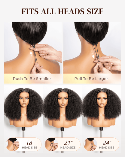 heenura Zerowear 13x6 Invisible HD Lace Glueless Wig Afro Curly With Drawstring Natural Black 100% Human Hair Wig