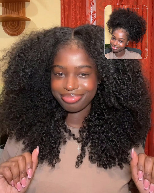 heenura Zerowear 13x6 Invisible HD Lace Glueless Wig Afro Curly With Drawstring Natural Black 100% Human Hair Wig