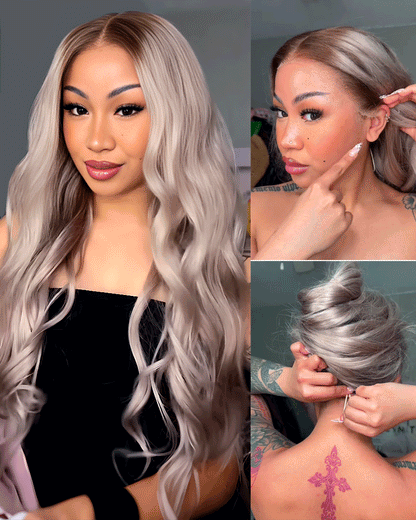 heenura 13x6 Pre-All Glueless Ash Blonde Ombre Loose Body Wave/Silky Straight Wig Invisible Knots Realistic Hairline