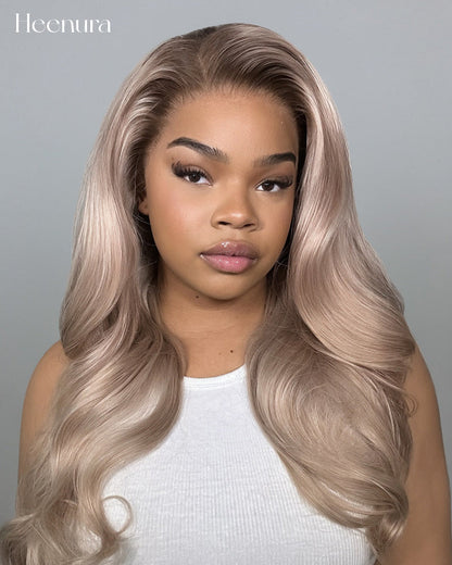 heenura 13x6 Pre-All Glueless Ash Blonde Ombre Loose Body Wave/Silky Straight Wig Invisible Knots Realistic Hairline