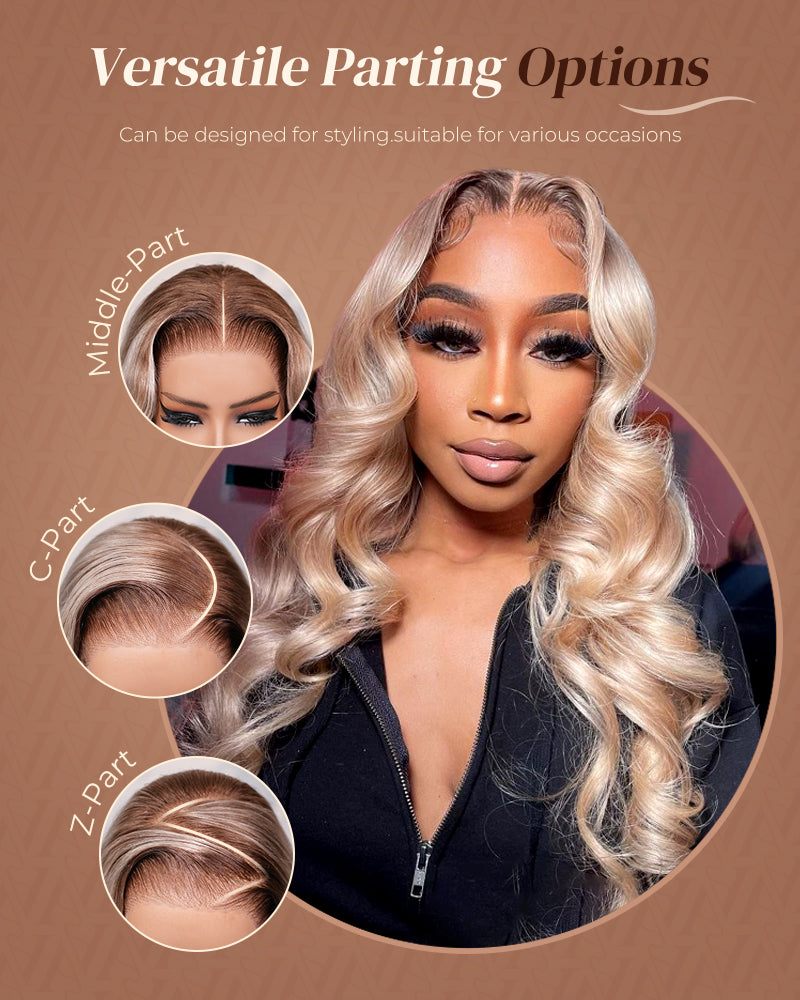 heenura 13x6 Pre-All Glueless Ash Blonde Ombre Loose Body Wave/Silky Straight Wig Invisible Knots Realistic Hairline