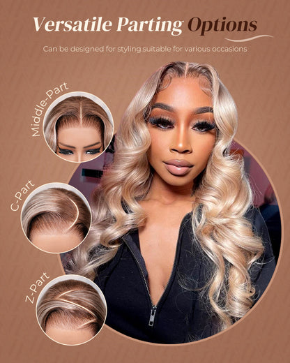 heenura 13x6 Pre-All Glueless Ash Blonde Ombre Loose Body Wave/Silky Straight Wig Invisible Knots Realistic Hairline