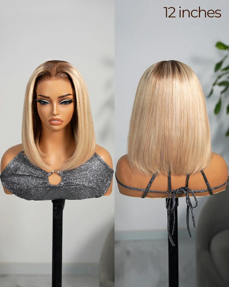 Heenura 6x5 invisible knots Glueless Loose Body Wave Bob Wig Pre-cut Lace Brown Blonde