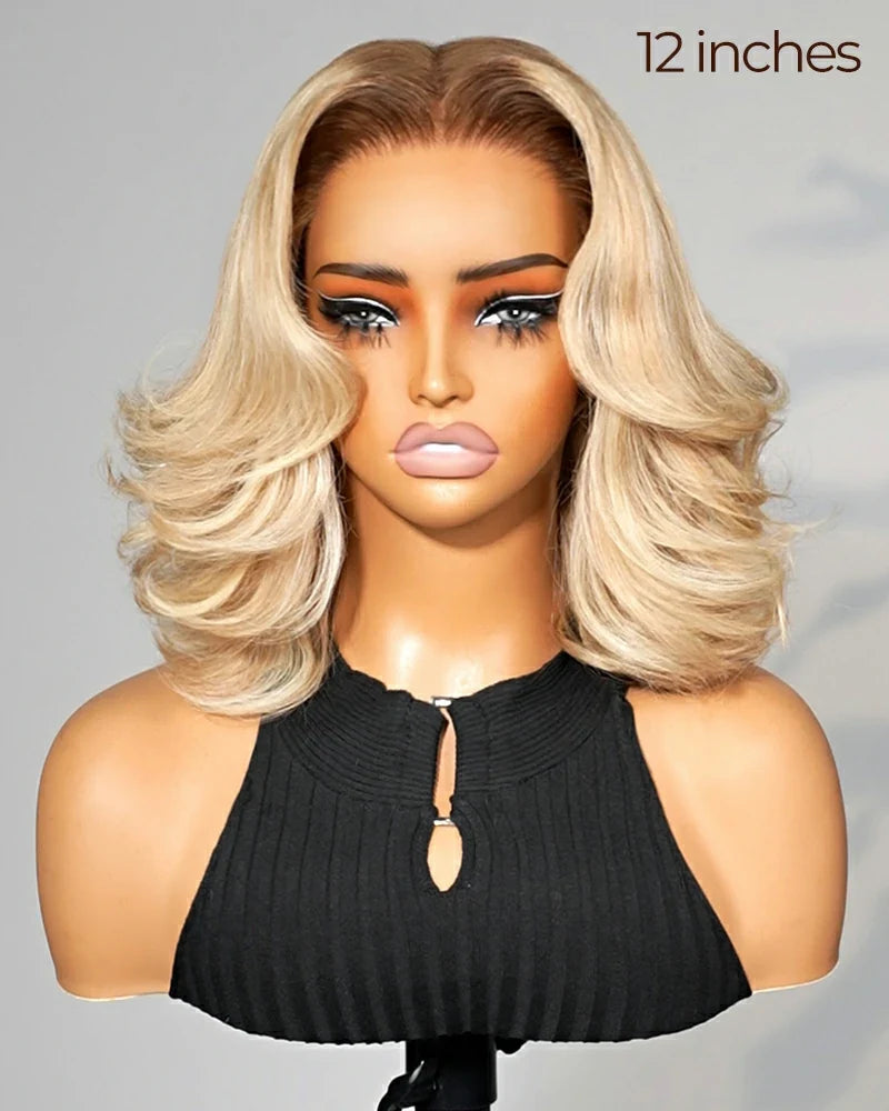 Heenura 6x5 invisible knots Glueless Loose Body Wave Bob Wig Pre-cut Lace Brown Blonde