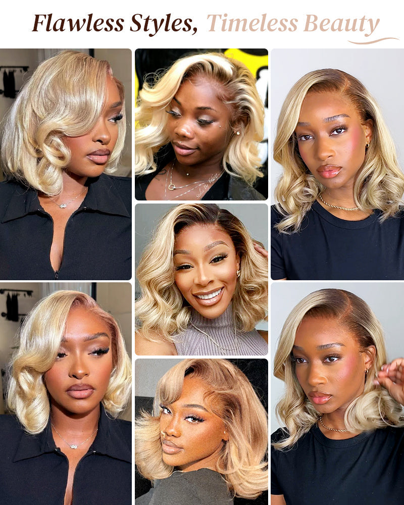 Heenura 6x5 invisible knots Glueless Loose Body Wave Bob Wig Pre-cut Lace Brown Blonde