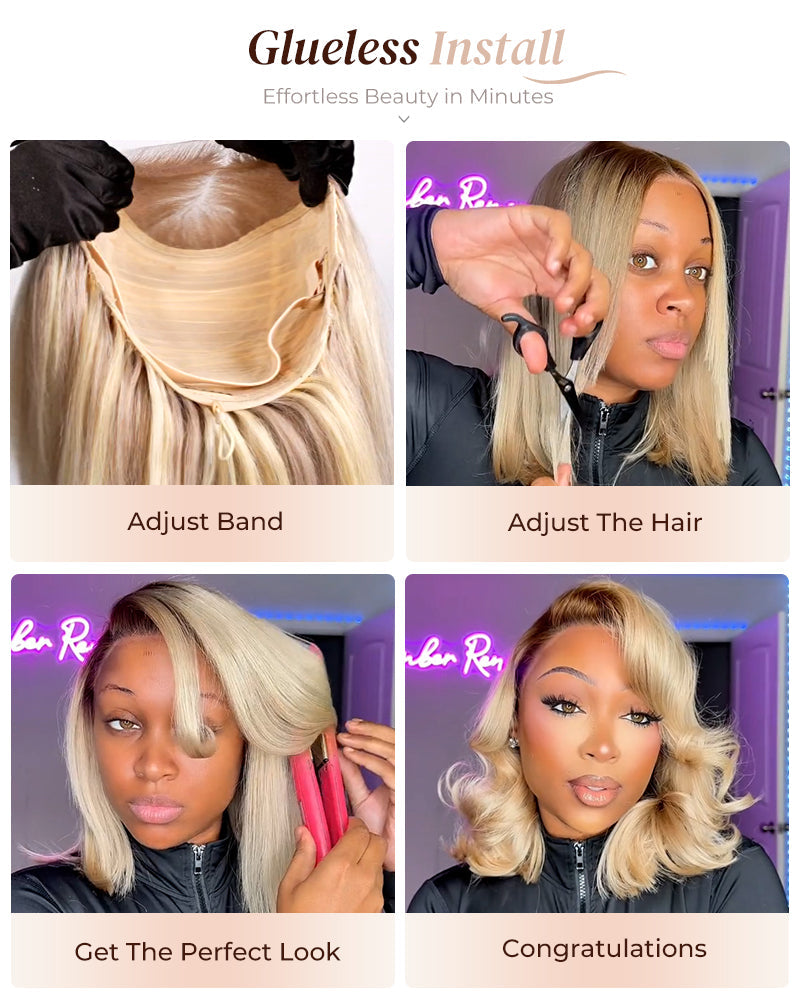Heenura 6x5 invisible knots Glueless Loose Body Wave Bob Wig Pre-cut Lace Brown Blonde