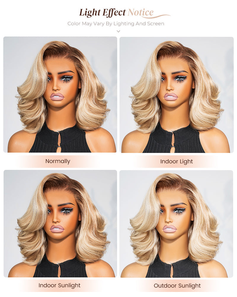 Heenura 6x5 invisible knots Glueless Loose Body Wave Bob Wig Pre-cut Lace Brown Blonde