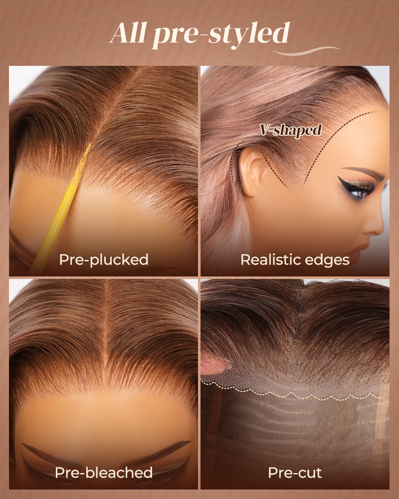 heenura 13x6 Pre-All Glueless Ash Blonde Ombre Loose Body Wave/Silky Straight Wig Invisible Knots Realistic Hairline