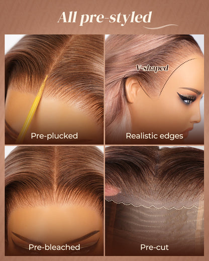 heenura 13x6 Pre-All Glueless Ash Blonde Ombre Loose Body Wave/Silky Straight Wig Invisible Knots Realistic Hairline