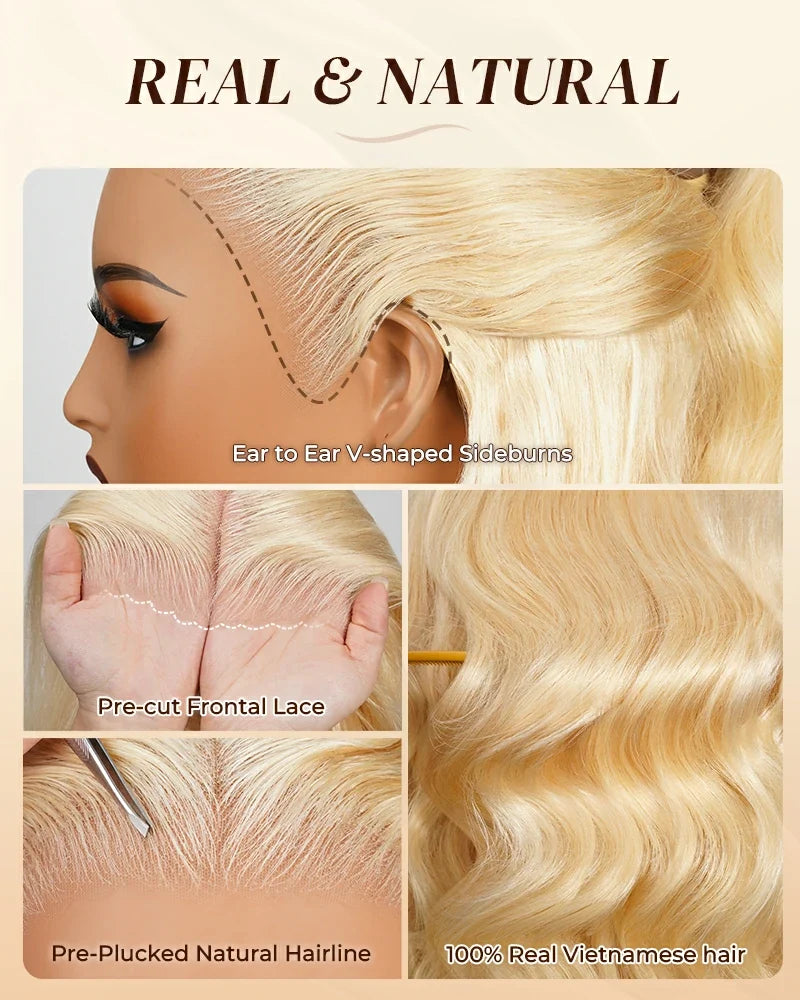 heenura 13x6 Pre-All Glueless Ash Blonde Ombre Loose Body Wave/Silky Straight Wig Invisible Knots Realistic Hairline
